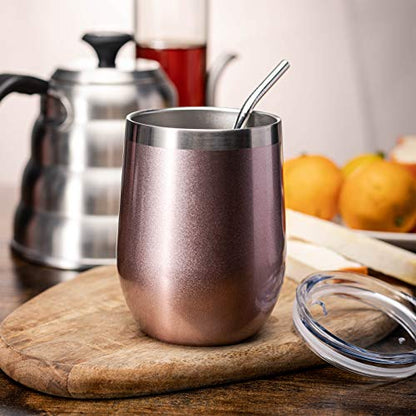 COMOOO Rose Gold Stainless Steel Wine Tumbler Bulk with Lid and Straw 12oz Double Wall Vacuum Insulated Tumbler Cup Stemless for Hot and Cold Drinks, Coffee, Wine, Cocktails Rose gold, 8 Pack - color: Rose Gold