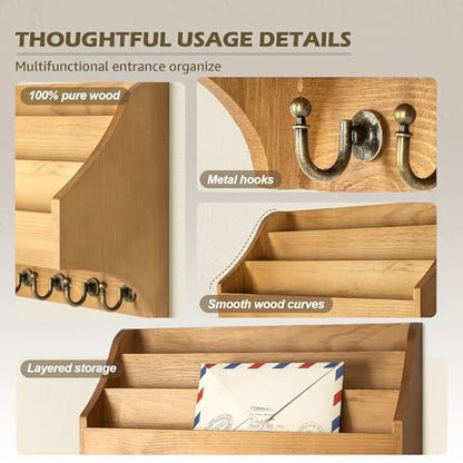 Rebee Vision Mail Organizer Wall Mounted with 6 Hooks for Entryway, Yellow | Pine Wood, Key Holder Wall Mount, 3-Tier Mail Holder, Sturdy Key Hooks, key Hanger, Home Office, Apartment Rustic Aesthetic - color: Yellow