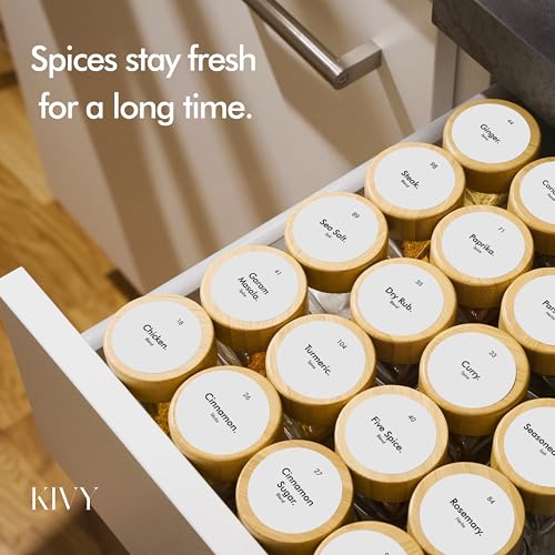 KIVY Spice Jars with Labels [24x 4oz] Glass Seasoning Containers with Airtight Lids for Organization - Empty Square Bottles for Spices & Seasonings with Shaker Lids - Spice Containers Wood Bamboo - size: Bamboo Black