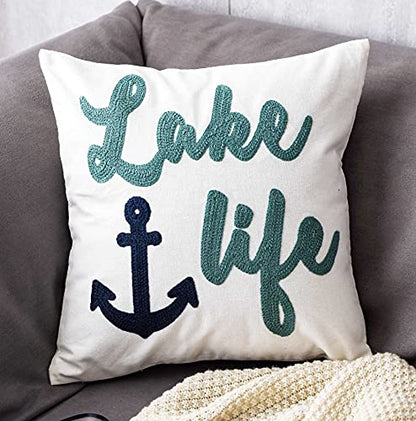 Embroidered Lake Life Throw Pillow Cover,Square 18 inches Decorative Canvas Pillow Cover with Lake Life Pattern,Cover Only