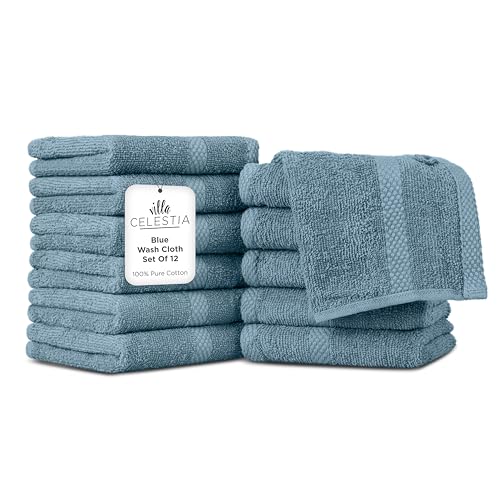 Villa Celestia Cotton Washcloths Set of 12, 12x12 Inch, 100% Ring-Spun Combed Cotton, Soft Absorbent Quick-Dry Wash Cloths for Face and Body, Oeko-TEX Certified, Hotel & Spa Quality, Blue - color: Blue, size: Washcloth - Pack of 12