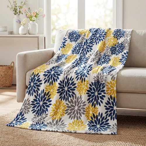 Horaldaily Dahlia Pinnata Floral Blue Yellow Flannel Throw Blanket 50x60 | All Season Using Ultra Soft Fuzzy Plush Cozy Non-shedding Blanket for Couch Sofa Bed Camping, Ideal Gift for Kids Adults - color: Blue Yellow Grey, size: Throw(50x60'')