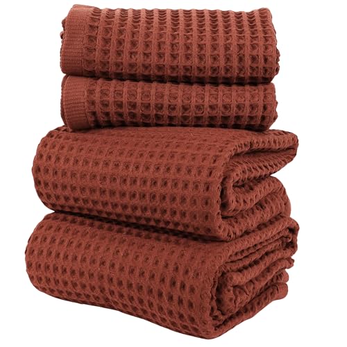 PÜSKÜL Natural 100% Turkish Cotton Waffle Towels Set for Bathroom (4-Piece) | Brick, Large Size 2 Hand and 2 Bath Towel, Quick-Dry Soft Absorbent Premium 3D Honeycomb Weave, Oeko-Tex Made in Turkey - color: Brick