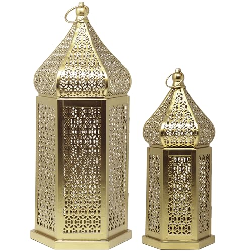Vela Lanterns Decorative Indoor Gold Moroccan Temple Lanterns, Set of 2 | Ramadan Decorations for Home, Eid Islamic Candle Holder For Table Centerpieces or Hanging, 11in & 15.25in Tall - color: Gold