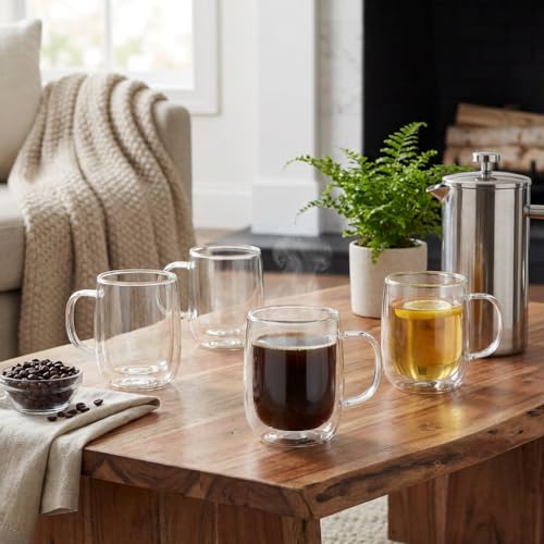 COLLECTIVE HOME 14oz Double Walled Glass Coffee Mugs, Set of 4 - Insulated Clear Glass Cups with Handle, Premium Gift Boxed, Heat Resistant Borosilicate Glassware for Latte, Americano & Tea (4)