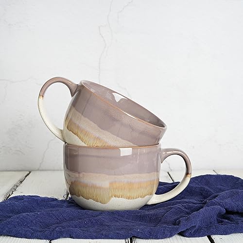 Bosmarlin Ceramic Jumbo Coffee Mug Set of 2, 23 Oz, Large Mug Soup Bowls with Handles, Dishwasher and Microwave Safe (Purple) - color: Purple