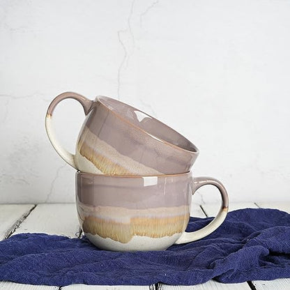 Bosmarlin Ceramic Jumbo Coffee Mug Set of 2, 23 Oz, Large Mug Soup Bowls with Handles, Dishwasher and Microwave Safe (Purple) - color: Purple