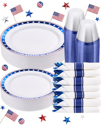 350 Piece 4th of July Blue Star Plastic Dinnerware Set | Disposable Dinnerware Includes: 100 Plates, 50 Pre Rolled Napkins with Silverware, 50 Cups - color: Red Blue, style: 350 Piece (50 guests)