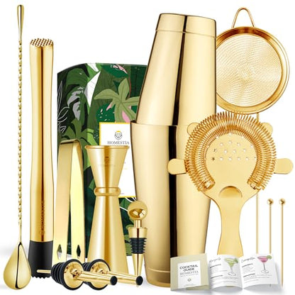 Homestia 12 Pieces Boston Cocktail Shaker Set, Mixology Bartender Kit, Gold | Stainless Steel Bar Set Accessories, 18 oz/28oz Weighted Boston Shaker Tins, Martini Shaker Mixing Tools for Home Bartending - color: Gold