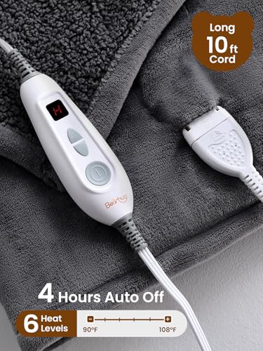 Bearhug Electric Blanket Throw Size, 50" x 60" Heated Blanket with 6 Heating Levels & 4H Auto Shut-Off, Machine Washable Soft Velvet to Sherpa Reversible Heated Throw for Office, Couch and Sofa, Gray - color: Gray-velvet & Sherpa, size: Throw 50" × 60"