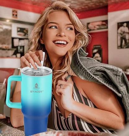 40 oz Tumbler with Handle and Straw or Convert to 40 oz Insulated Water Bottle Fits in Cup Holder. Stainless Steel Metal Water Flask with 2 Lids for Travel,Camping,Gym Sports Coffee Mug Thermal Cup - color: Green Blue Gradient