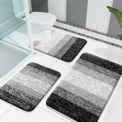 OLANLY Microfiber Bathroom Rugs Sets 3 Piece, 30"x20"+24"x16"+24"x20" | Black, Soft Absorbent Bath Mats and U-Shaped Contour Toilet Rug, Machine Wash Dry, Plush Shaggy Bath Mat Set for Bathroom - color: Black, size: 30" X 20" + 24" X 16" + U24" X 20"