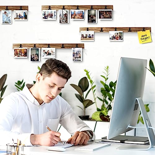 6 Wooden Wall Hanging Photo Frames With 27 Clips, Decorative Collage Picture Frame, No Drilling Required, Adhesive Stickers, Easy to Install, Carbonized Brown - color: Brown