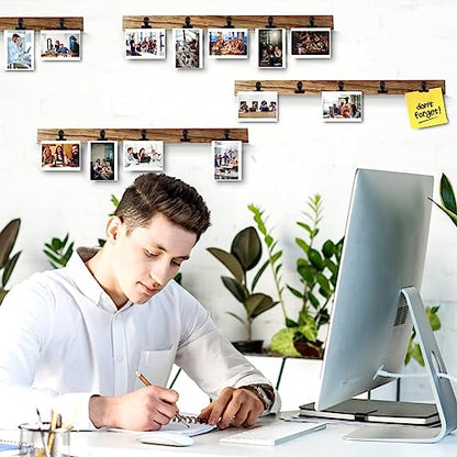 6 Wooden Wall Hanging Photo Frames With 27 Clips, Decorative Collage Picture Frame, No Drilling Required, Adhesive Stickers, Easy to Install, Carbonized Brown - color: Brown