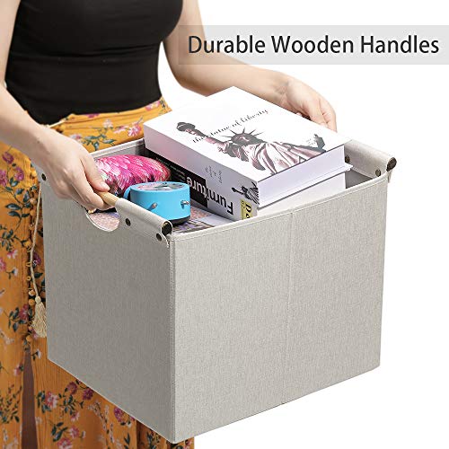 HOONEX Large Foldable Storage Bins, Linen Fabric, 2 Pack, with Wooden Carry Handles and Sturdy Heavy Cardboard, for Home, Office, Car, Nursery, Beige - color: Beige