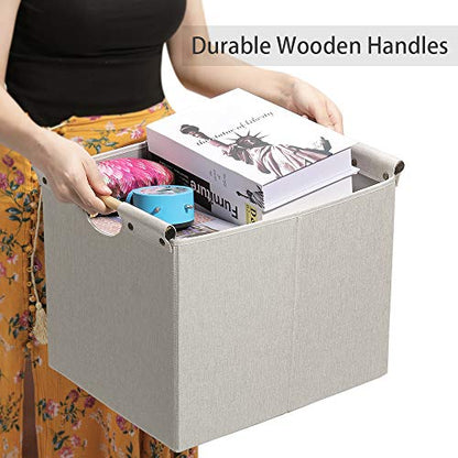 HOONEX Large Foldable Storage Bins, Linen Fabric, 2 Pack, with Wooden Carry Handles and Sturdy Heavy Cardboard, for Home, Office, Car, Nursery, Beige - color: Beige