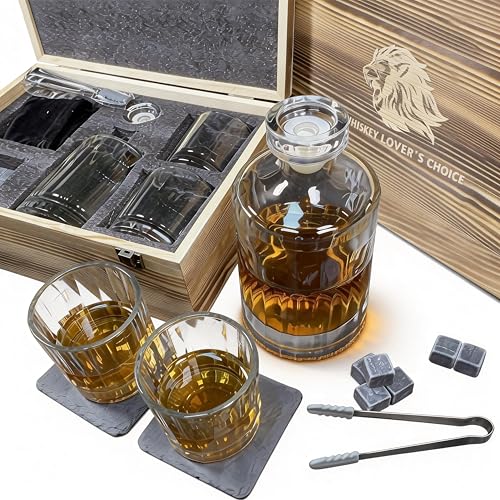 Whiskey Decanter Set 500ml(17oz), Lead-Free Crystal with 2 Glasses, Flat Panel for Custom Labels, Granite Chilling Stones, Slate Coasters, Premium Pine Gift Box, Compact Bar Kit for Bourbon Scotch