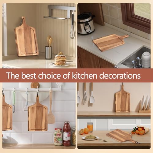 Acacia Wood Cutting Board with Handle, Kitchen Decor, 17.7" X 9.8" | Wooden Chopping Board for Meat, Cheese Board, Vegetables, Bread, Decorative Charcuterie Board - size: 17.7"L x 9.8"W