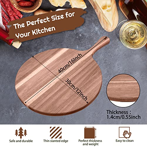 2 Pcs Round Wood Cutting Board Pizza Charcuterie Boards 16" x 12" Acacia Serving Board Wooden Peel Cheese Paddle with Handle Kitchen Gift for Home Food Baking Cheese Fruits Vegetables Bread
