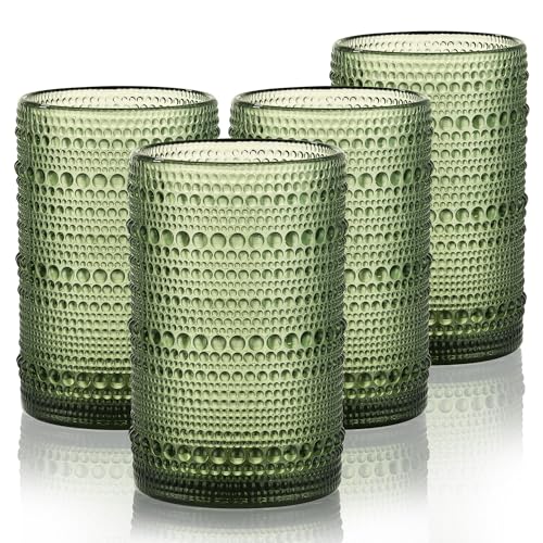 Joeyan Hobnail Drinking Glasses Set of 4, 15oz Vintage Highball Glasses, Green Embossed Water Glass Cup, Dishwasher Safe Kitchen Glassware for Cocktail, Iced Coffee, Beer, Tea, Wine, Whiskey, Juice - color: Green