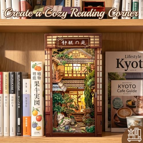 Japanese Book Nook Kit, Serene Courtyard | DIY Miniature House 3D Wooden Puzzles for Adults Japan Bookshelf Decor with LED Lights - style: Serene Courtyard