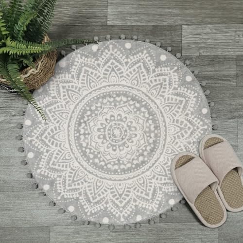 Uphome Small Round Rug 2.3’ Grey Mandala Boho Bathroom Rugs with Pom Poms Fringe Washable Circle Shower Mat Soft Non-Slip Cute Circular Throw Rug for Sink Powder Room Bedroom Kids Room Nursery - color: Gray-upgraded, size: 2.3' Round