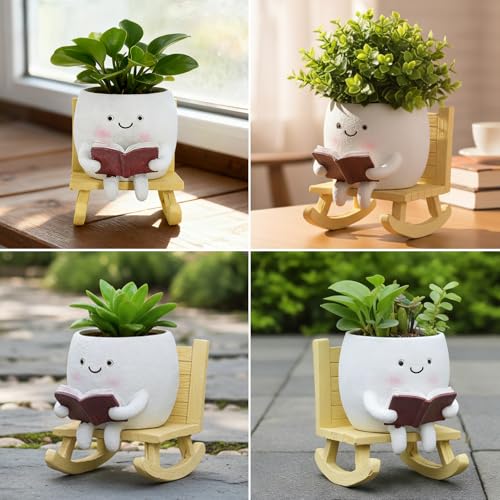 Smiley Face Planter Pot, Cute Resin Head Planter with Drainage Hole, Unique Rocking Chair Succulent Pot for Indoor Outdoor Plants, Funny Plant Lovers Gift for Mother's Day and Christmas (Upright) - size: 6.50×5.91×5.12"