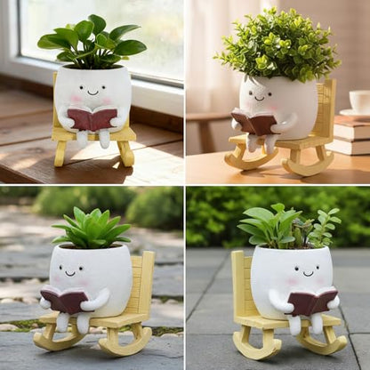 Smiley Face Planter Pot, Cute Resin Head Planter with Drainage Hole, Unique Rocking Chair Succulent Pot for Indoor Outdoor Plants, Funny Plant Lovers Gift for Mother's Day and Christmas (Upright) - size: 6.50×5.91×5.12"