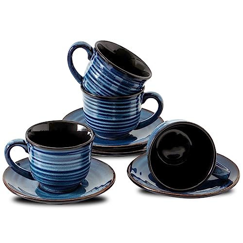 HASENSE Ceramic Cappuccino Cups and Saucers Set of 4, 8 oz Tea Coffee Cups Set for Home and Office, Espresso Mugs for Coffee, Cappuccino, Latte, Americano, Milk and Tea - Navy Blue - color: Navy Blue, size: 8oz - Set of 4