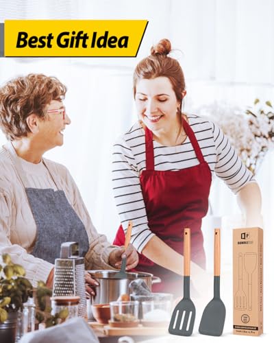 Pack of 2 Silicone Cooking Spatula, Heat Resistant Solid Turner, Non Stick Slotted Spatulas with Wooden Short Handle,Ideal Wood Kitchen Utensils Set for Frying, Baking, Flipping, Turning - color: Dark Gray
