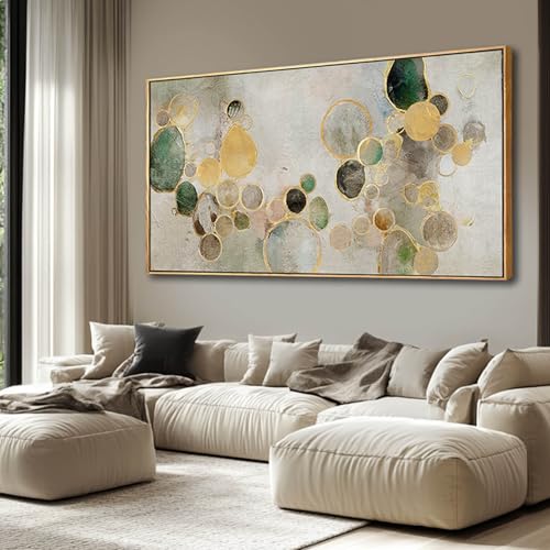 Abstract Canvas Wall Art Gold Circle Painting Green Artwork Framed Wall Prints 29"x 58" Office Wall Decor Colorful Pictures for Living Room Bedroom - color: Green, size: 29"x58"
