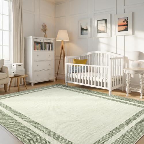 Garvee 5x7 Area Rugs Neutral Border Washable Rugs for Living Room，Green | Soft Rug for Bedroom Non Slip Low Pile Nursery Rug Stain Resistant Floor Cover for Dining Room - color: Modern Border - Green, size: 5' x 7' (Rectangular)