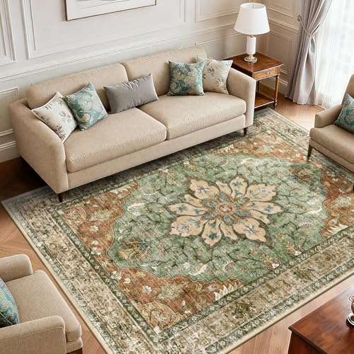 RELEANY Washable Vacuum-Friendly Area Rugs 6'x9' Brick/Brown/Green | Low Pile Stain-Resistant, Soft Non-Slip, Floral Vintage Distress Print Pattern Medallion, for Living Room Bedroom Hallway - color: Brick/Brown/Green, size: 6' x 9' (Rectangular)