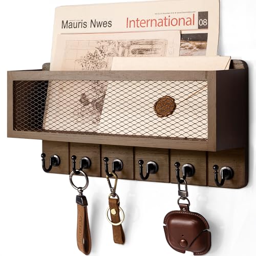 Rebee Vision Key Holder Wall Mount with 6 Hooks for Entryway, Retro Brown | Key Holder for Wall, Mesh Storage Basket, Solid Wood Key Rack, Letter Storage, Mail Organizer, Space-Saving Home Organizer - color: Brown