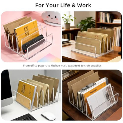 Clear Acrylic 5-Compartment Mail & Letter Desk Organizer | 5mm thick, 5 compartments organize mail, bills, letters & more. Crystal clear acrylic, non-slip pads. No assembly. - size: 5 Compartments