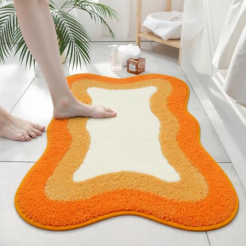 HAOCOO Bath Mats for Bathroom, 20x31 inch Fluffy Microfiber Shower Rug, Non Slip Aesthetic Washable Orange Bathroom Rugs Absorbent Carpet for Bathroom Floor Tub Shower - color: Orange, size: 2'7" x 1'8" (Irregular)