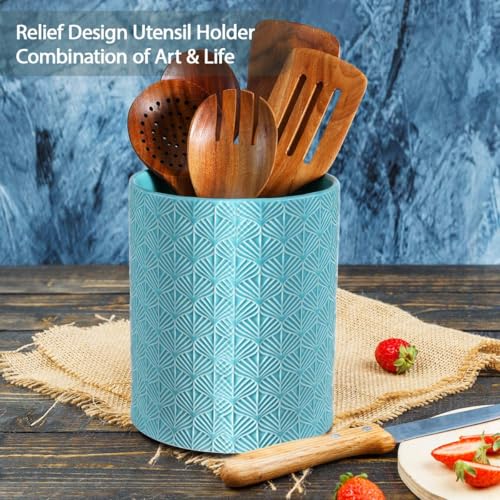 Ceramic Utensils Holder，Extra Large Stable Ceramic Cooking Tool Organizer Set for Kitchen，For Countertop ,Blue - color: Blue
