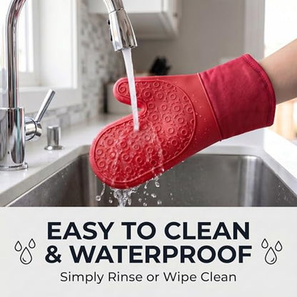 Silicone Oven Mitts Ultra Heat Resistant up to 500°F - Oven Mitts with Thick Cotton Liner - Long Slip Resistant Pot Holders, Flexible Oven Gloves -2Pack 13.5" (RED) - color: Red