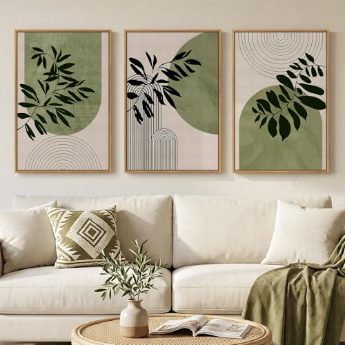 Framed Boho Botanical Wall Art for Living Room, 3 Piece Modern Green Bohemian Canvas Paintings Prints, Minimalist Geometric Boho Leaf Pictures for Bedroom Dining Room Office Wall Decor, 16x24 Inch - color: Green B, size: 16" W x 24" H x 3Pcs