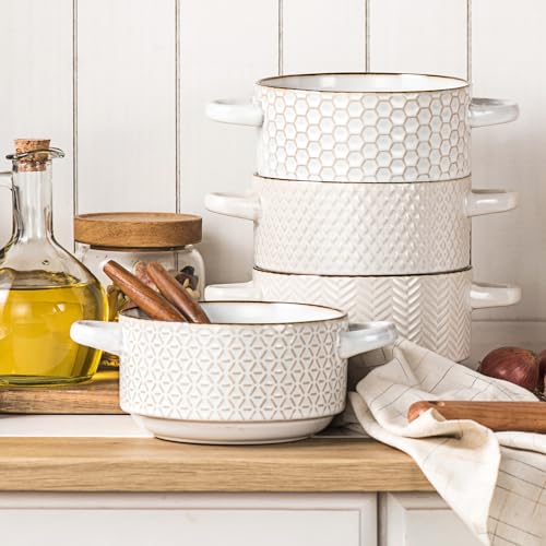Ceramic Soup Bowls Set - 27 Oz French Onion Soup Crocks with Handles | Embossed Stoneware Bowls for Soup Cereal Beef Stew Chili - Microwave Dishwasher Oven Safe - Set of 4 - color: White