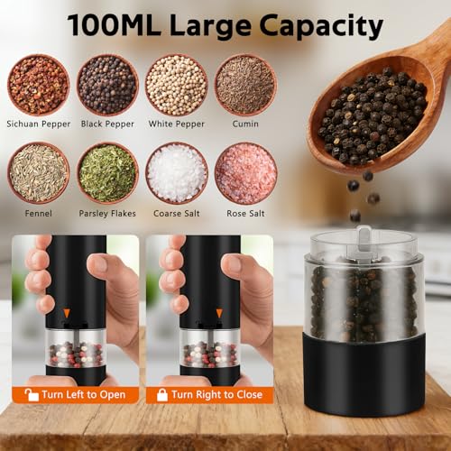 Rechargeable Electric Salt and Pepper Grinder Set, Automatic Pepper Mill with Adjustable Coarseness & One-Hand Operation, Large Capacity Battery-Powered Shakers for Cooking, Kitchen, Gifts (2, Black) - color: Black