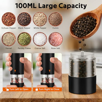 Rechargeable Electric Salt and Pepper Grinder Set, Automatic Pepper Mill with Adjustable Coarseness & One-Hand Operation, Large Capacity Battery-Powered Shakers for Cooking, Kitchen, Gifts (2, Black) - color: Black