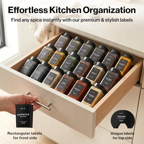 Glass Spice Jars with Labels & Black Rotating Lids – 12 Large Square Airtight Containers 6.7 oz / 200ml with Shaker Inserts, Funnel & 160 Waterproof Labels for Kitchen Pantry Organization