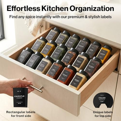Glass Spice Jars with Labels & Black Rotating Lids – 12 Large Square Airtight Containers 6.7 oz / 200ml with Shaker Inserts, Funnel & 160 Waterproof Labels for Kitchen Pantry Organization