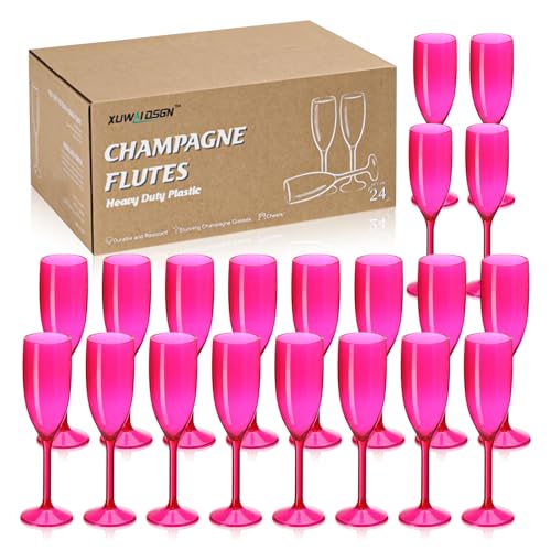 XUWAIDSGN Champagne Flute Acrylic Champagne Glasses Wedding Toasting Champagne Flute Goblet Plastic Reusable Unbreakable Champagne Cups for Bachelorette Wedding Bridal Shower Party (Hot Pink, 24) - color: Hot Pink, size: 24