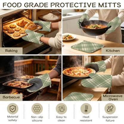 Green Plaid Oven Mitts and Pot Holders Set of 4, Heat Resistant Non Slip Kitchen Gloves Hot Pads, Chef Cooking Baking Gifts for Women Bakers, Kitchen Gifts for Cooking Lover Cooks Mom - color: Green Plaid