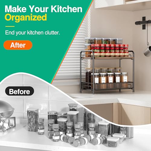 Spice Rack Organizer for Countertop with Wood Top, 2-Tier Foldable Metal Rust-Proof Standing Large Seasoning Storage Shelf with Guardrail & Mesh Design for Kitchen Cabinet Living Room, Black - size: Black-1 pack (with Wood Top)