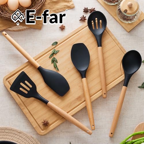 E-far Silicone Cooking Utensils Set, 5-Piece Black Kitchen Utensils Set with Wooden Handle for Cooking, Silicone Kitchen Nonstick Tools Spatula Turner Slotted Spoons, Nontoxic & Heat Resistant-Black - color: Black, size: 5