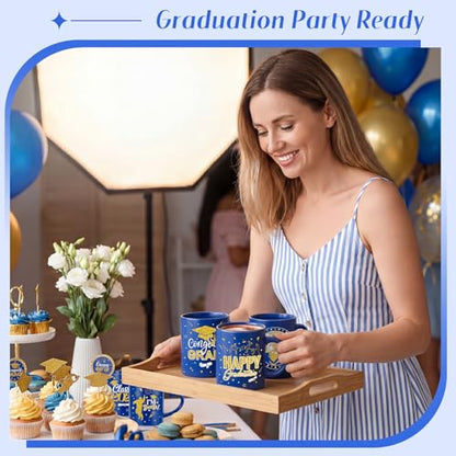 Pickmesh Graduation Coffee Mug Set of 6, 10oz Ceramic Coffee Cups with Heart-Shaped Handles, Navy Blue and Gold Class of 2026, Congrats Grad, Bulk Graduation Gifts for Party Favors - color: Blue, style: Graduation