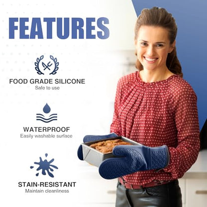Silicone Oven Mitts, Heat Resistant 2PCS Oven Mitts with Soft Cotton Lining, Waterproof Non-Slip Grip Oven Glove, Kitchen Potholder Mits for BBQ, Baking, Cooking, 12.5 Inch - Dark Blue - color: Dark Blue